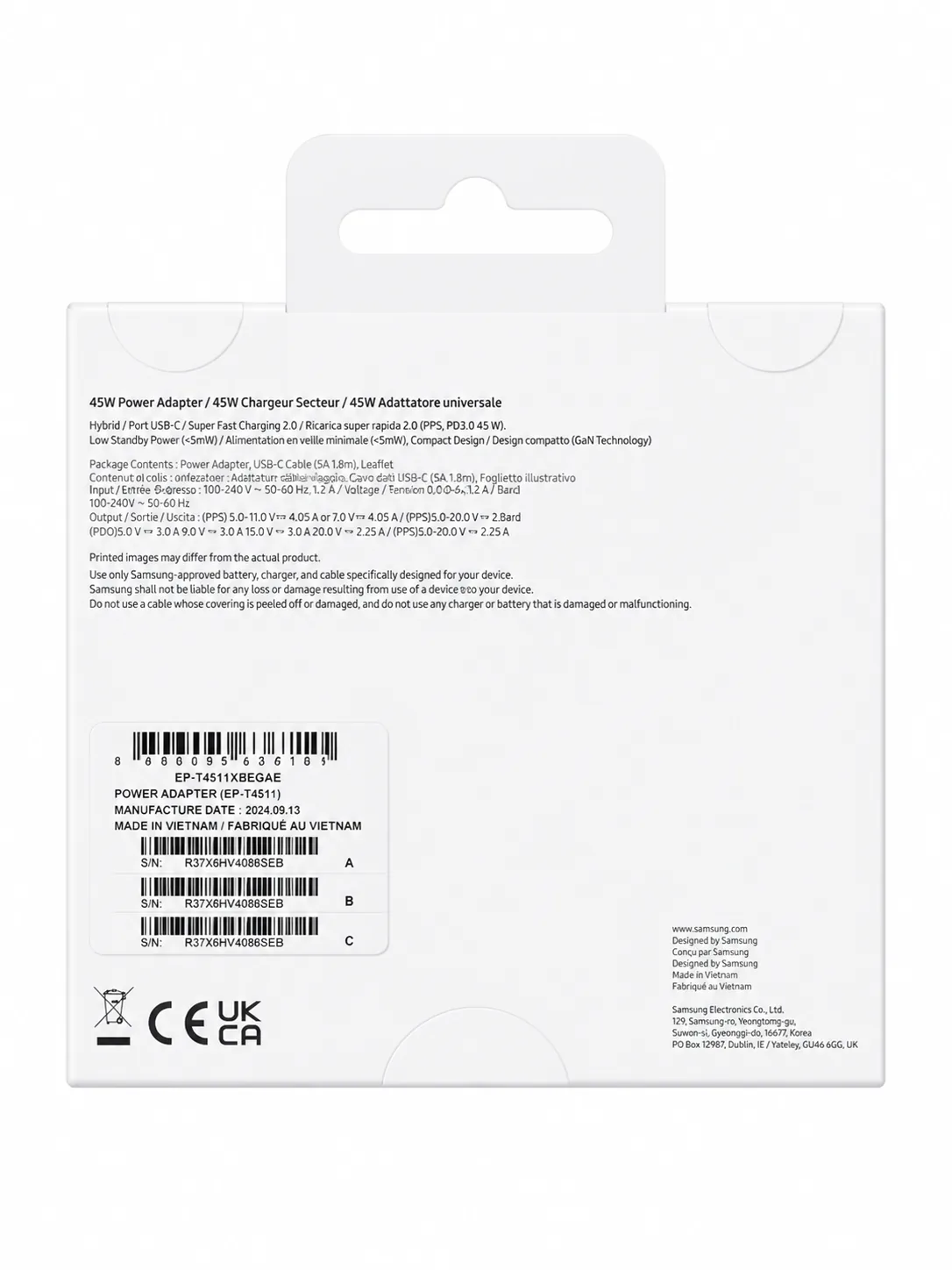 شارژر دیواری سامسونگ 45w + کابل اورجینال چین